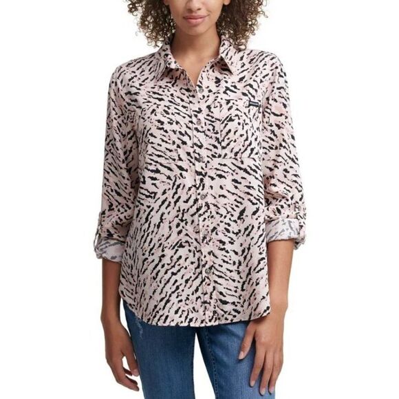 Calvin Klein Button Down Shirt Top XSl Women's Tiger Animal Print Tenc… - Picture 9 of 9